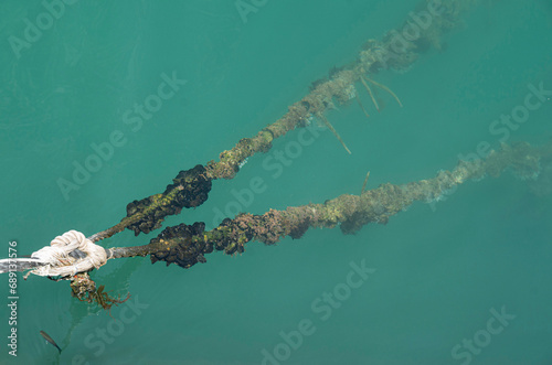 Old boat mooring ropes overgrown with clams and seaweed in Mediterranean sea