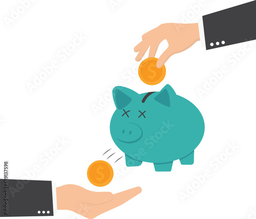 Exhausted businessman salary man get dollar coin and pay it for creditor debt. Living paycheck to paycheck, financial problem, get monthly income to pay for debt and loan or monthly expense concept.

