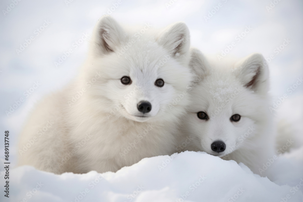 Cute Arctic foxes on the snow in the wild