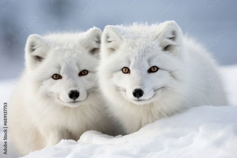 Cute Arctic foxes on the snow in the wild