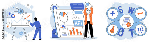 Analysis tool. Business intelligence. Vector illustration Graphs and charts help visualize dattrends and relationships Development new technologies drives business growth Marketing strategies