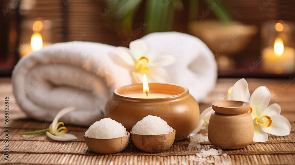 Feet massage, Thai Massage Spa Therapy with Herbal Towel Compress Ball, Coconut Oil, Perfume, Cosmetics, and Plumeria Flower on Massage Bed created with Generative Ai