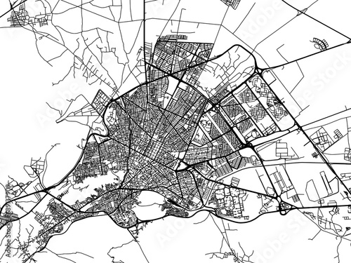 Vector road map of the city of Arak in Iran with black roads on a white background.