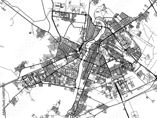 Vector road map of the city of Ahvaz in Iran with black roads on a white background.