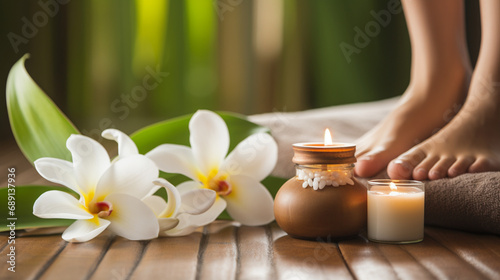 Feet massage, Thai Massage Spa Therapy with Herbal Towel Compress Ball, Coconut Oil, Perfume, Cosmetics, and Plumeria Flower on Massage Bed created with Generative Ai