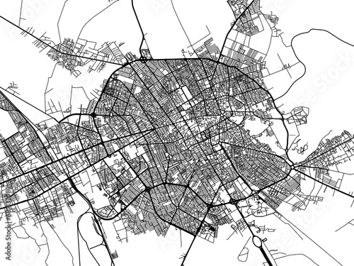Vector road map of the city of Kerman in Iran with black roads on a white background.