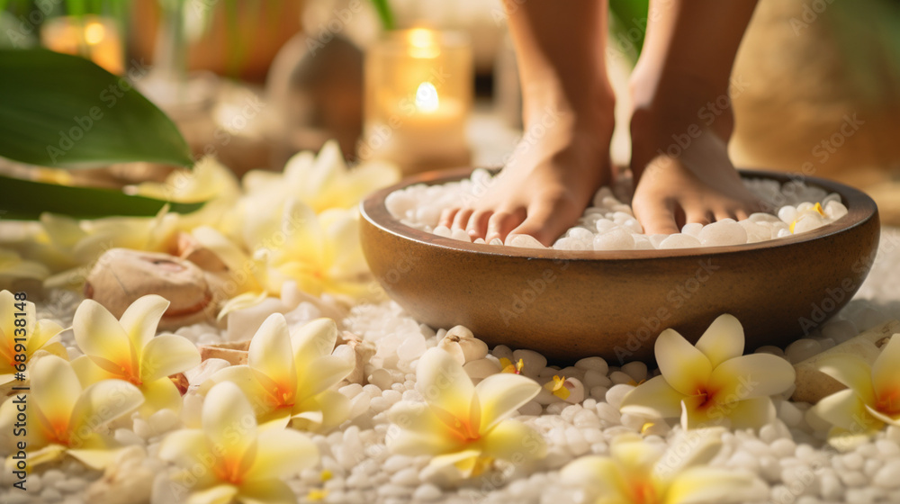 Feet massage, Thai Massage Spa Therapy with Herbal Towel Compress Ball, Coconut Oil, Perfume, Cosmetics, and Plumeria Flower on Massage Bed created with Generative Ai Feet massage, Thai Massage Spa Therapy with Herbal Towel Compress Ball, Coconut Oil, Perfume, Cosmetics, and Plumeria Flower on Massage Bed created with Generative Ai