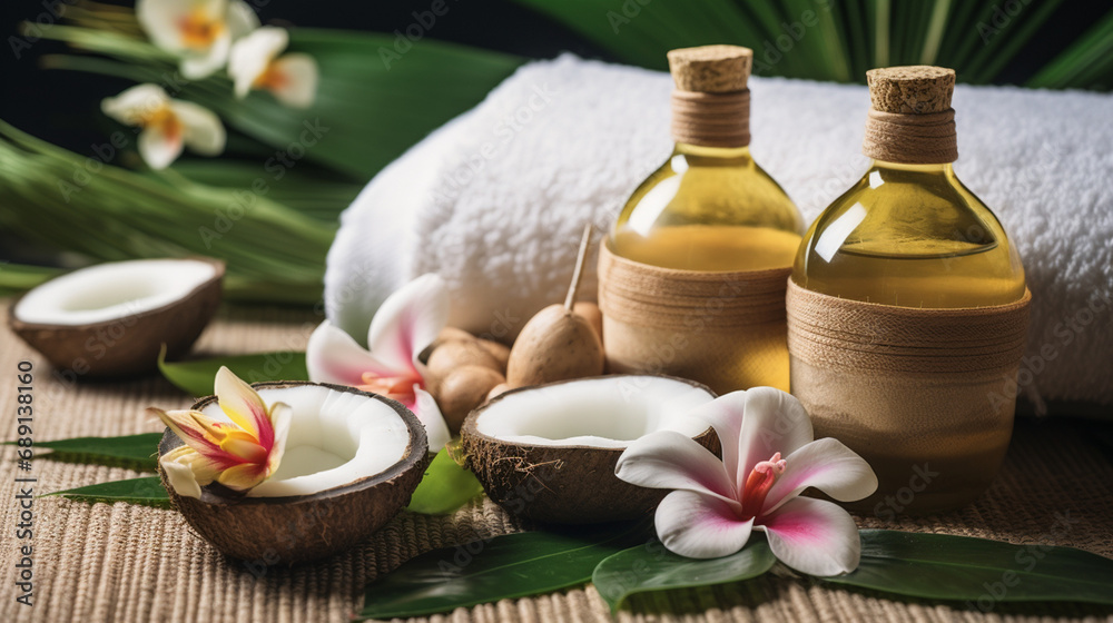 Feet massage, Thai Massage Spa Therapy with Herbal Towel Compress Ball, Coconut Oil, Perfume, Cosmetics, and Plumeria Flower on Massage Bed created with Generative Ai Feet massage, Thai Massage Spa Therapy with Herbal Towel Compress Ball, Coconut Oil, Perfume, Cosmetics, and Plumeria Flower on Massage Bed created with Generative Ai