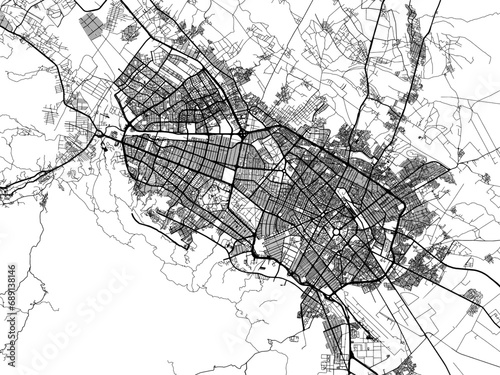 Vector road map of the city of Mashhad in Iran with black roads on a white background.