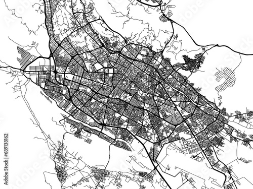 Vector road map of the city of Shiraz in Iran with black roads on a white background.