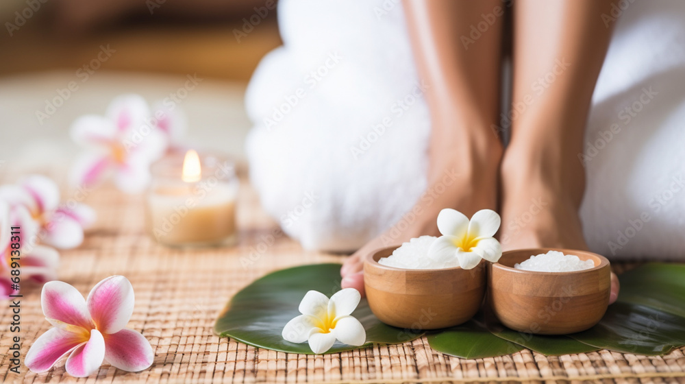 Feet massage, Thai Massage Spa Therapy with Herbal Towel Compress Ball, Coconut Oil, Perfume, Cosmetics, and Plumeria Flower on Massage Bed created with Generative Ai Feet massage, Thai Massage Spa Therapy with Herbal Towel Compress Ball, Coconut Oil, Perfume, Cosmetics, and Plumeria Flower on Massage Bed created with Generative Ai