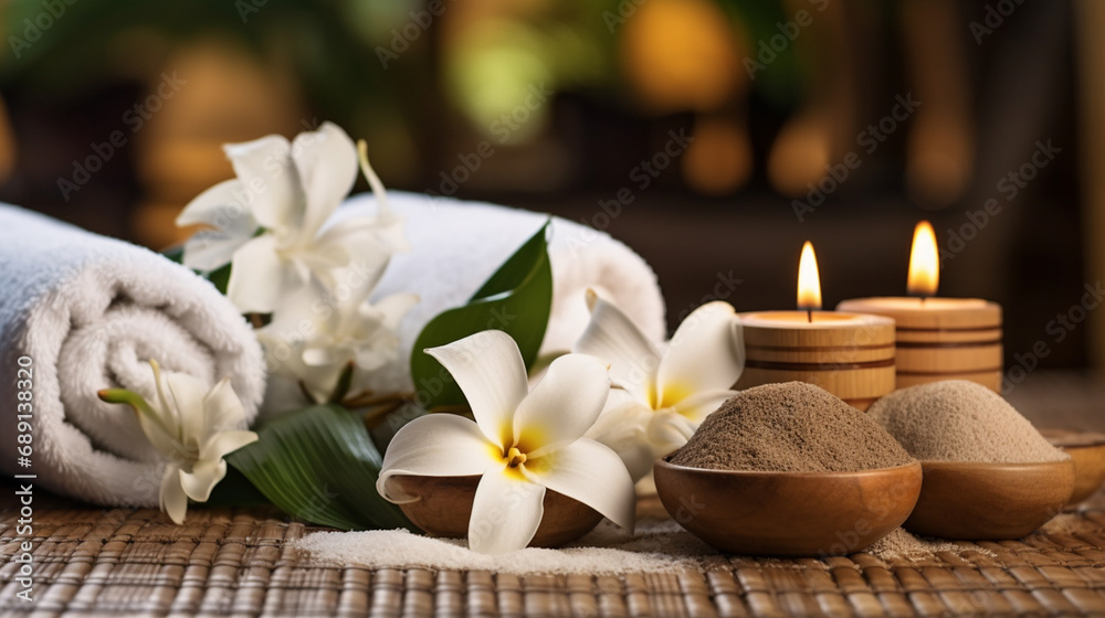 Feet massage, Thai Massage Spa Therapy with Herbal Towel Compress Ball, Coconut Oil, Perfume, Cosmetics, and Plumeria Flower on Massage Bed created with Generative Ai