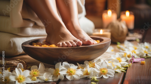 Feet massage, Thai Massage Spa Therapy with Herbal Towel Compress Ball, Coconut Oil, Perfume, Cosmetics, and Plumeria Flower on Massage Bed created with Generative Ai photo