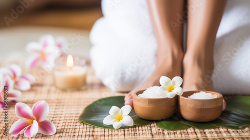 Feet massage, Thai Massage Spa Therapy with Herbal Towel Compress Ball, Coconut Oil, Perfume, Cosmetics, and Plumeria Flower on Massage Bed created with Generative Ai