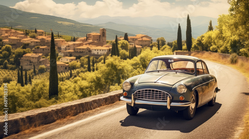 vintage car and country road