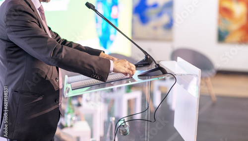 Speaker at business conference, corporate presentation, workshop, coaching training, news conference, company meeting, public or political event. Public speaking concept.