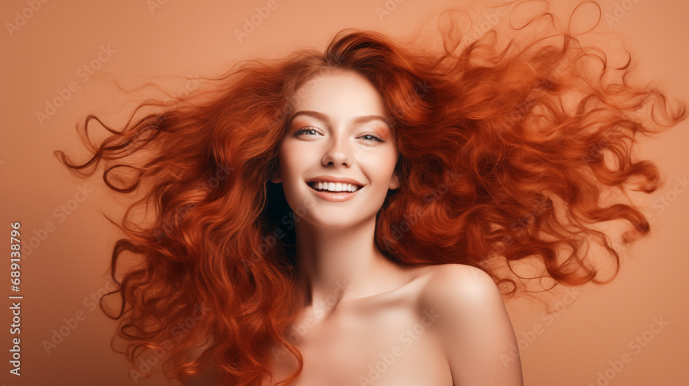 Red haired young woman smiling while shooting in studio. Fashion portrait, positive and inspiring emotions. AI generated Red haired young woman smiling while shooting in studio. Fashion portrait, positive and inspiring emotions. AI generated