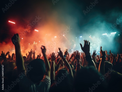 Cheering crowd with hands in open air at music festival