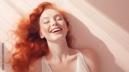 Red haired young woman smiling while shooting in studio. Fashion portrait, positive and inspiring emotions. AI generated