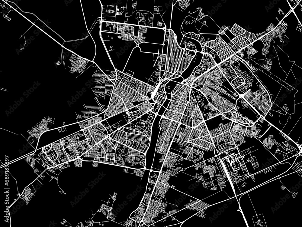 Vector road map of the city of Ahvaz in Iran with white roads on a black background.