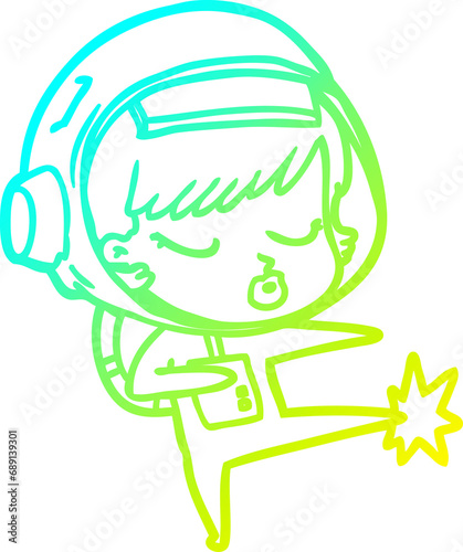cold gradient line drawing of a cartoon pretty astronaut girl karate kicking