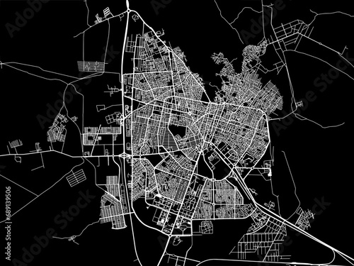 Vector road map of the city of Zahedan in Iran with white roads on a black background.