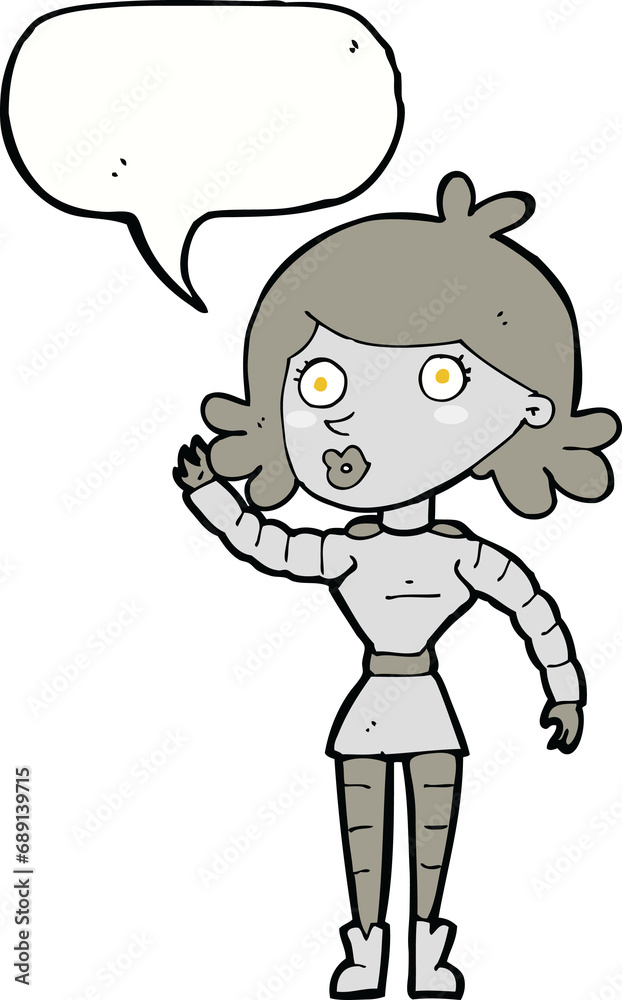 cartoon robot woman waving with speech bubble cartoon robot woman waving with speech bubble