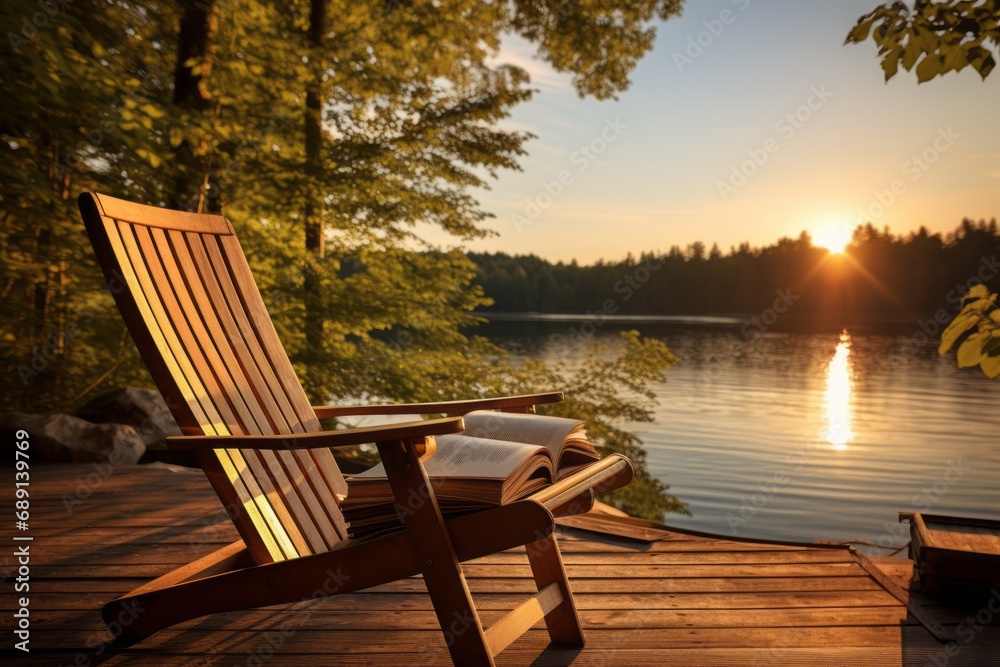 Fototapeta premium Serene Outdoor Reading on a Lakeside Dock, book on outside chair