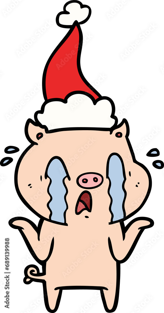 crying pig hand drawn line drawing of a wearing santa hat crying pig hand drawn line drawing of a wearing santa hat
