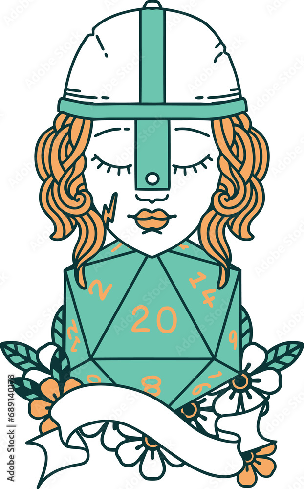 Retro Tattoo Style human fighter with natural twenty dice roll