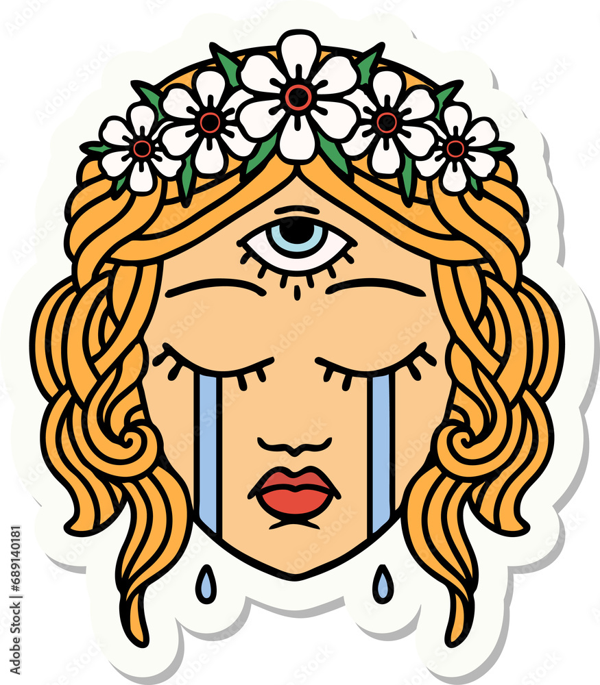 sticker of tattoo in traditional style of female face with mystic third eye crying sticker of tattoo in traditional style of female face with mystic third eye crying