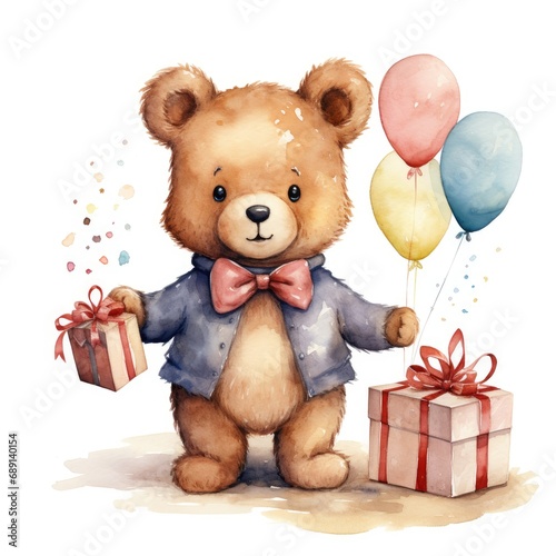 Cute plush toy bear with gifts and balloons. Watercolor cartoon illustration