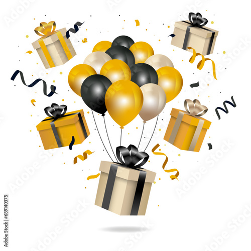 Illustration vectorielle éditable pour la fête - Cadeaux et ballons de baudruche, confettis, rubans, cotillons -  Éléments festifs dorés beiges et noirs pour célébrer une soirée festive et joyeuse