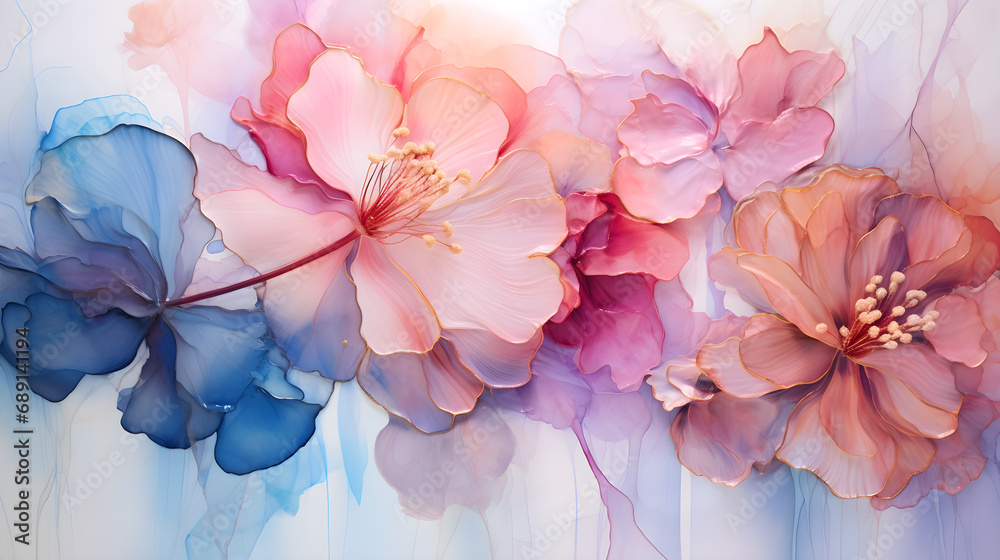 Abstract background with marble ink effect and flowers in pastel color Abstract background with marble ink effect and flowers in pastel color