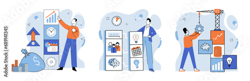 Business development. Vector illustration. Banking transactions are increasingly digital and convenient Marketing campaigns aim to capture and retain consumer interest Skillful management is vital