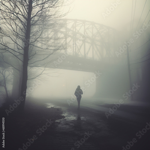 Image of a woman walking along a city street in the fog. Woman in morning city fog. Silhouette of a woman against the backdrop of an iron bridge in the fog. Woman in the morning fog.