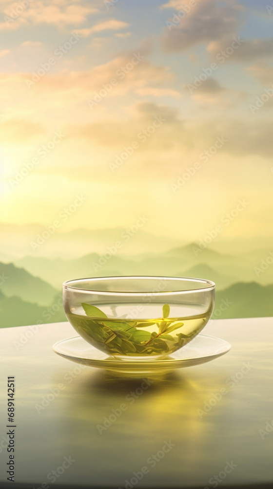 A glass cup of steaming green tea, heavenly soft cloudy sky golden light background created with Generative Ai