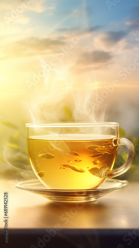 A glass cup of steaming green tea, heavenly soft cloudy sky golden light background created with Generative Ai