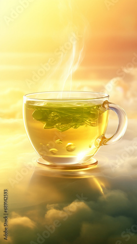 A glass cup of steaming green tea, heavenly soft cloudy sky golden light background created with Generative Ai photo
