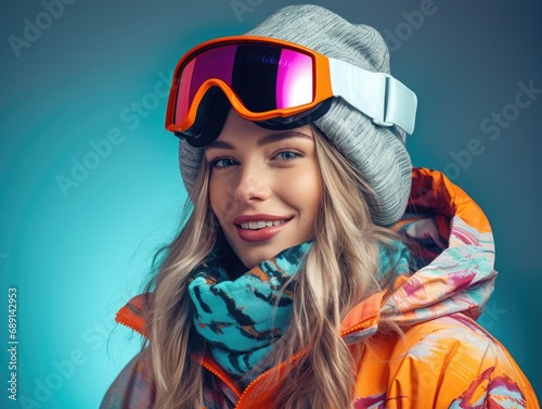 snowboarder smiling happy woman, winter glasses © YamunaART