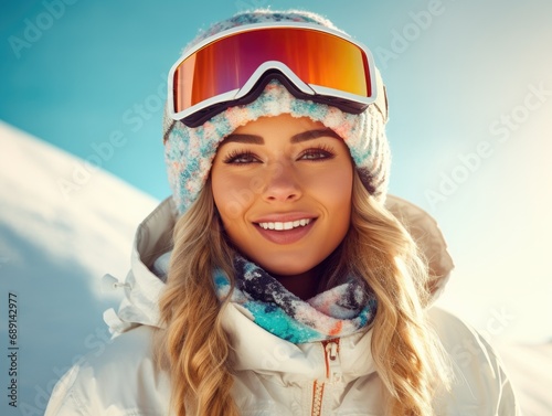 snowboarder smiling happy woman, winter glasses