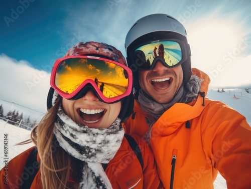 snowboarder couple smiling happy, winter glasses