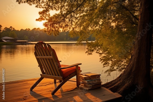 Serene outdoor reading by the lake, with a books resting near an outdoor chair