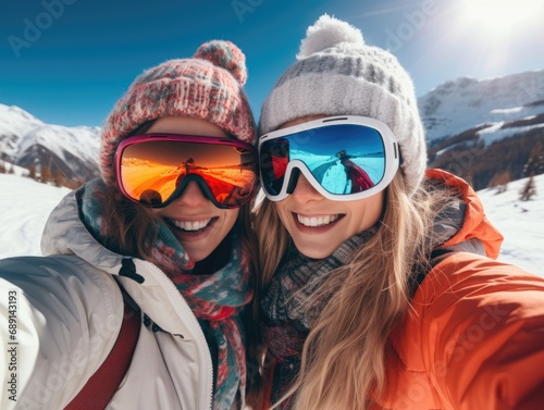snowboarder couple smiling happy, winter glasses