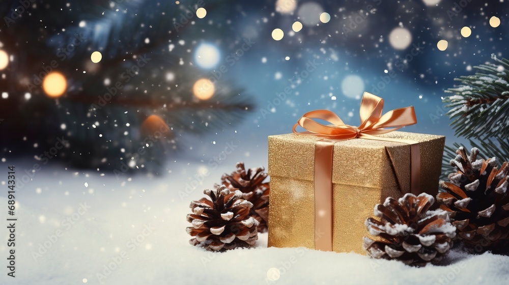 Christmas Gift Box, Fir Branches And Pine cones, On Snow With Christmas Lights, copy space , generative ai Christmas Gift Box, Fir Branches And Pine cones, On Snow With Christmas Lights, copy space , generative ai