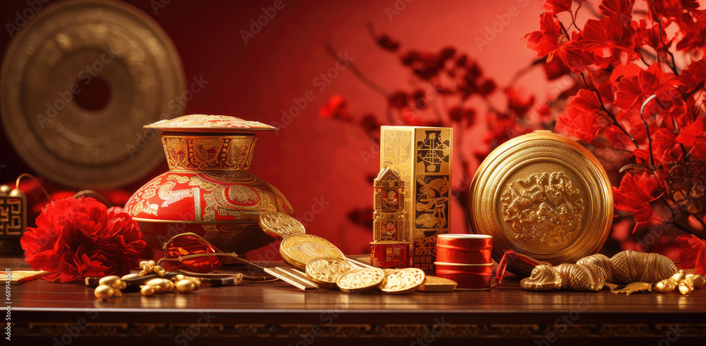 Chinese oriental style, Chinese new year in red and gold. Chinese festive celebration.