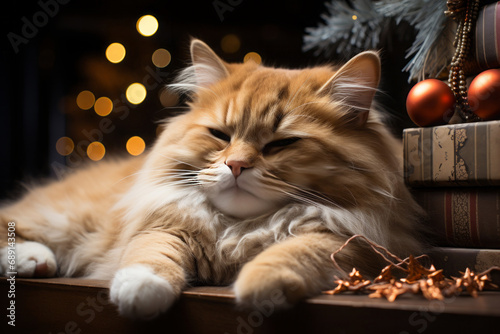 Close up of cat sleeping with Christmas decoration background