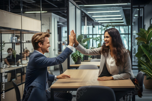 coworkers sharing a high - five in a modern, creative office space