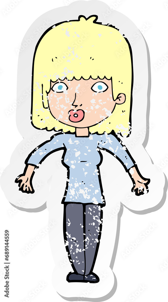 retro distressed sticker of a cartoon woman shrugging retro distressed sticker of a cartoon woman shrugging
