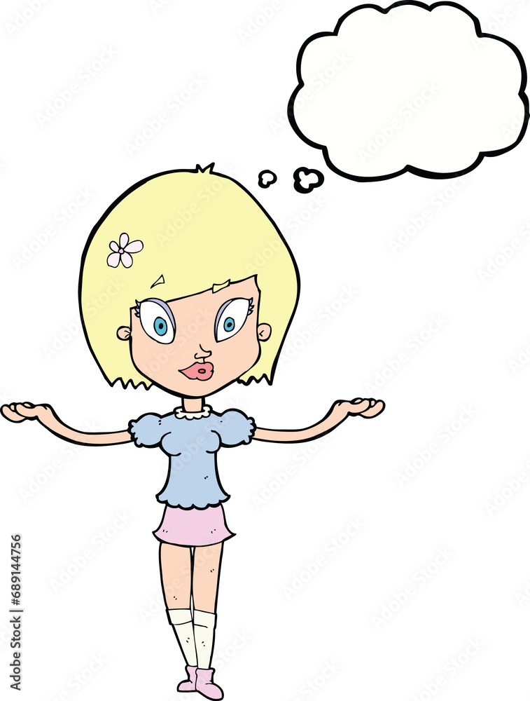 cartoon woman making balancing gesture with thought bubble